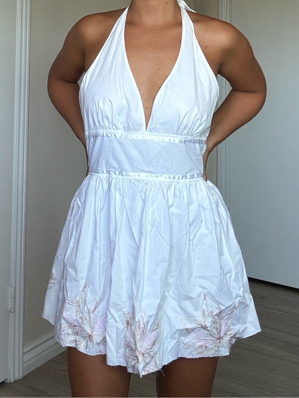 A.P.N.Y. White Halter Tie Neck Mini Dress with Subtle Floral Embroidery